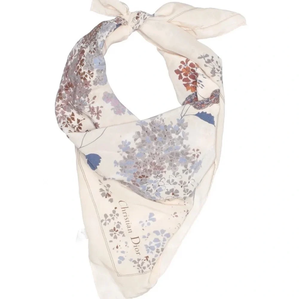 Vintage Christian Dior New Look Silk Floral Lilac Cream Square Scarf 1950s 1990s